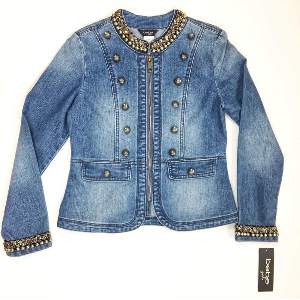 Bebe Girls Denim Embellished Military Jacket Size Large